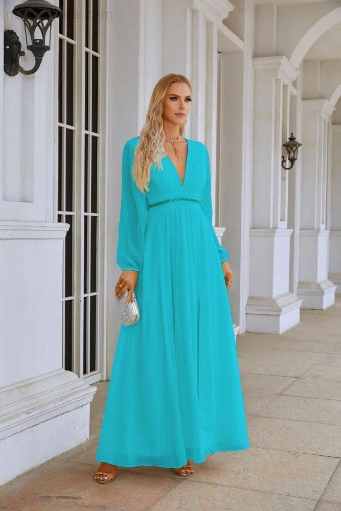 Ladies V Neck Chiffon Long Sleeve Front Slit Bridesmaid Evening Dress Wedding Party Shopping Evening Dress 28109 (ZD16991)