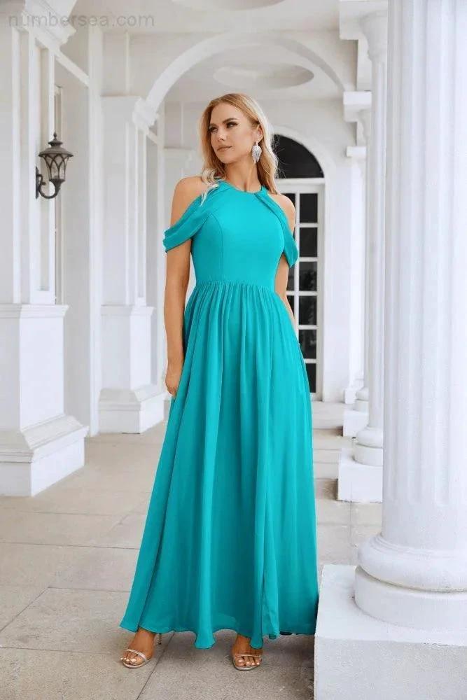 Ladies Chiffon Off Shoulder Swing Sleeve Front Slit Bridesmaid Evening Dress Wedding Party Evening Dress 28117 (ZD17011)