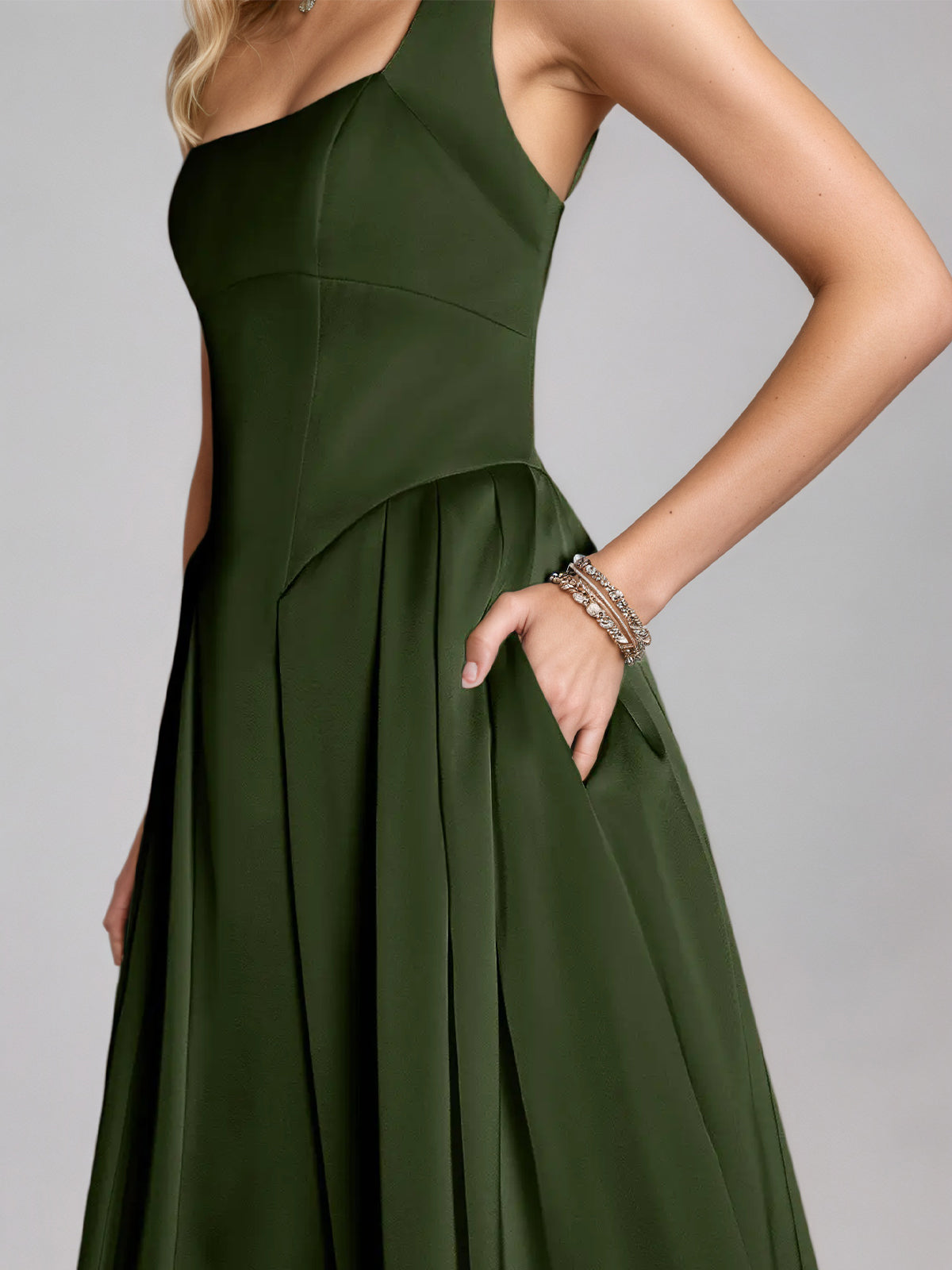 Olive Green A Line Satin Square Neck Sleeveless Tea Length Dress
