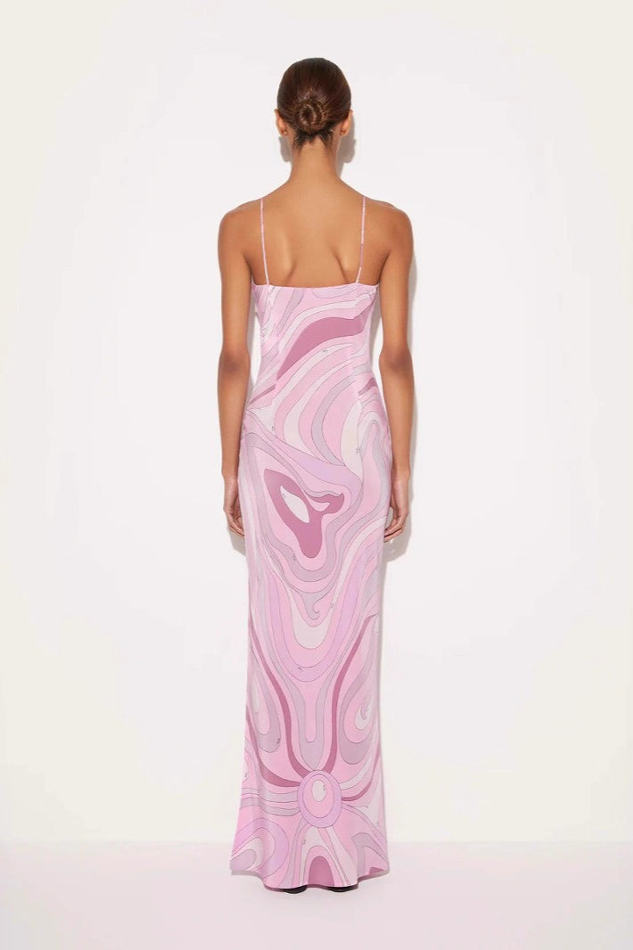 Printed Satin Cami Slit Silk Dress - View 3 | VelvetHem