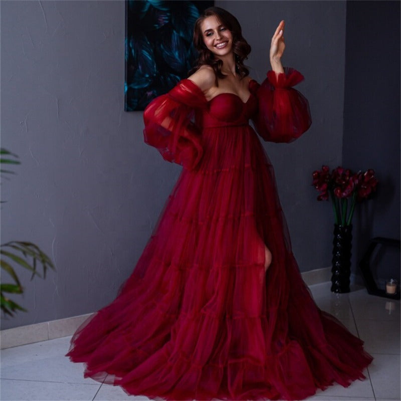 Oversized skirt fluffy soft yarn stitching maternity wear, sweetheart collar maternity party dress - View 2 | VelvetHem