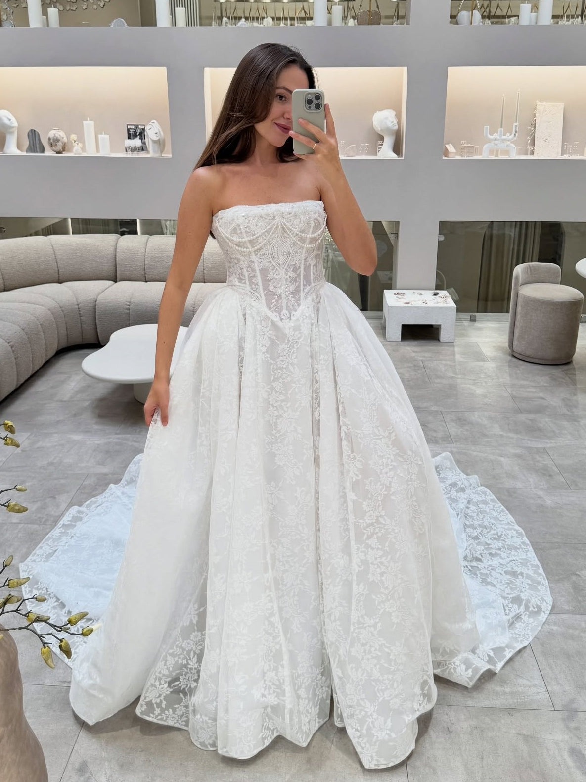 Strapless Pearl Embellished Lace Ball Gown Wedding Dress With Full Lace Train