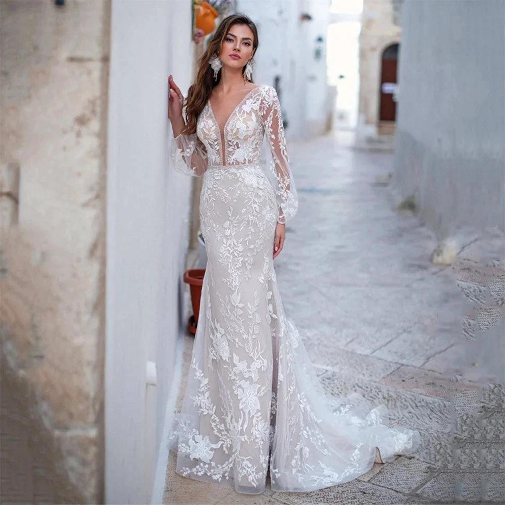 Luxury Backless Tulle Mermaid Wedding Dresses 2022 Long Sleeve Lace Appliques V-neck White Bridal Gown vestidos de novia (ZD13529)