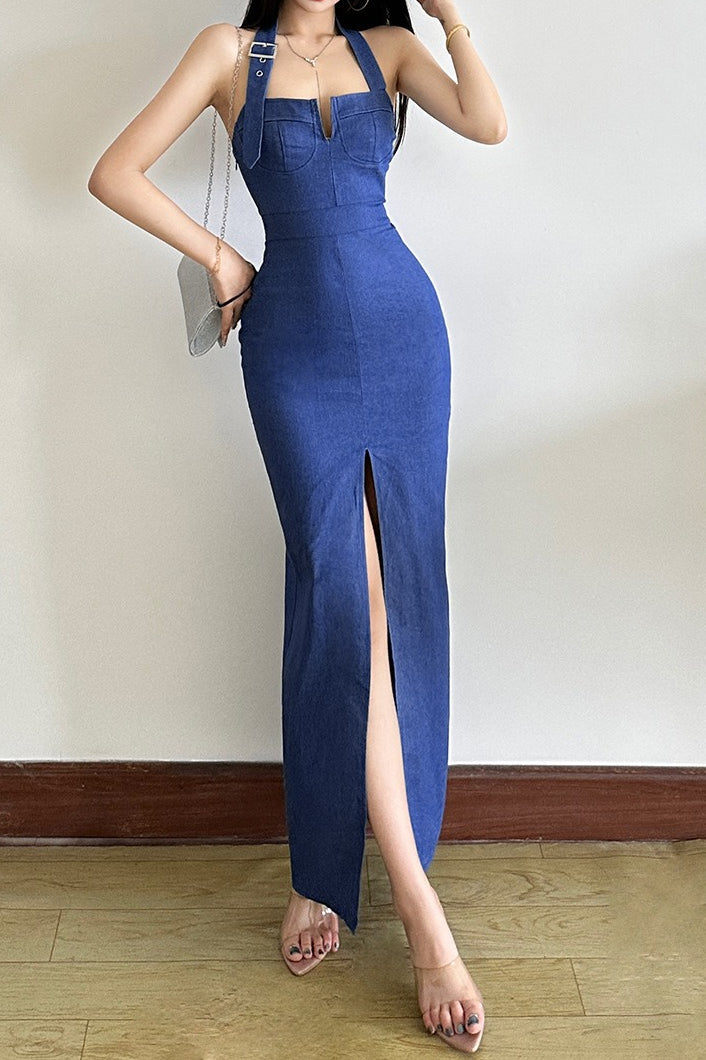 Halter Split Maxi Denim Dress - VelvetHem