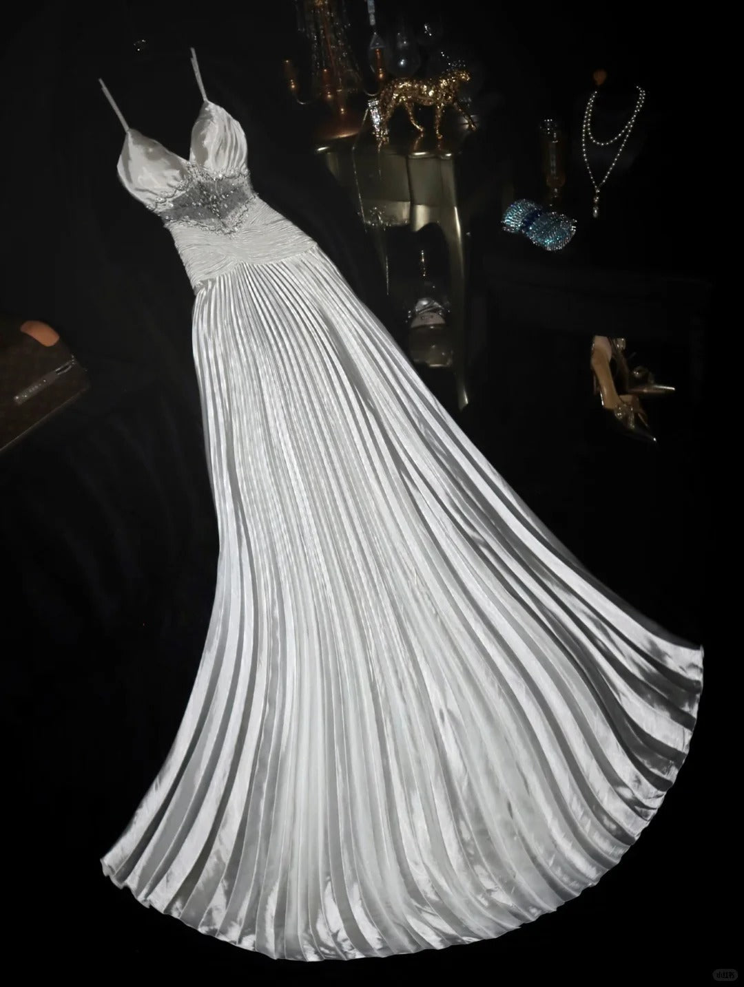 Stunning Prom Dress Satin Spaghetti Straps Pleated Gala Dress Evening Dress - FashionDia