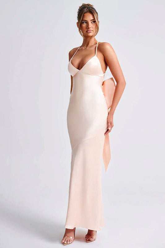 Satin Maxi Dress with Bow Detail Silk Dress - VelvetHem