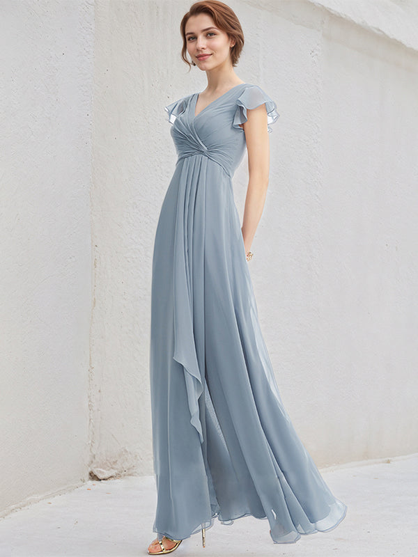 Dusty Blue A-Line V-Neck Floor-Length Chiffon Bridesmaid Dress With Ruffle