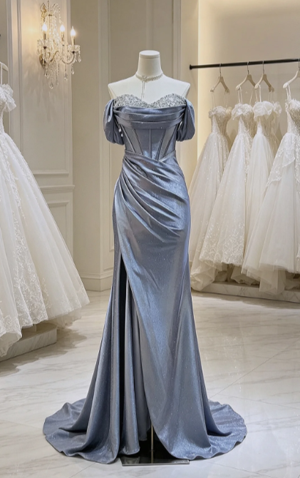 Elegant Prom Dress Off-the-Shoulder Pleated Evening Dress Gala Dress - FashionDia