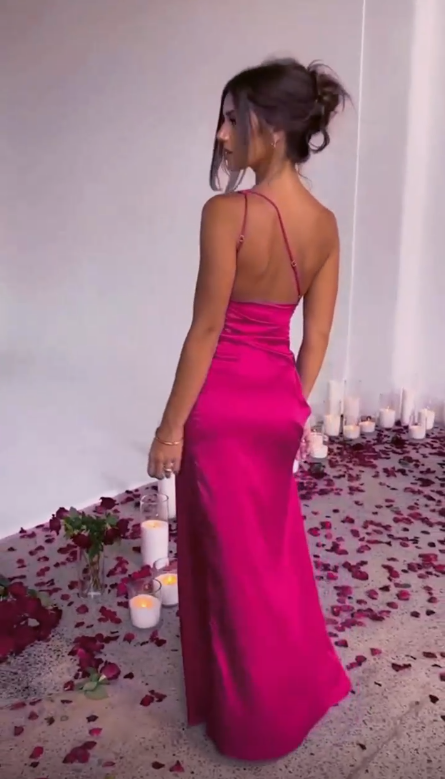 Sexy One Shoulder Hot Pink Prom Dress Saton Slit Evening Dress Y7623 - View 3 | VelvetHem