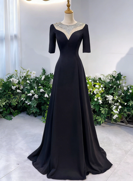 Minimalist Prom Dress Black A-Line Crew Neck Evening Dress Gala Dress - FashionDia