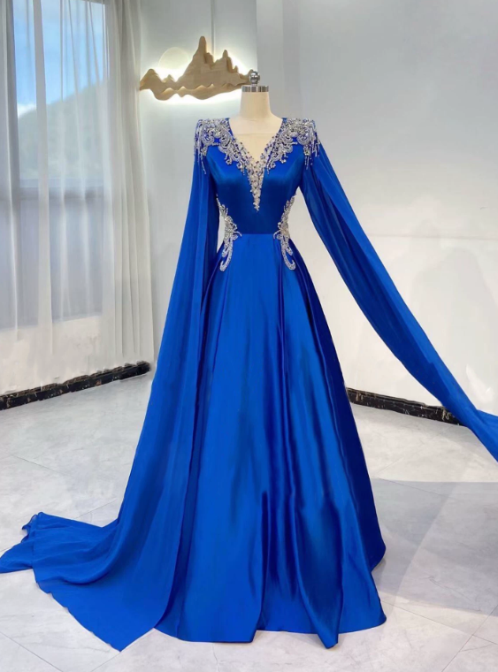 Stunning Prom Dress Blue A-Line V-Neck Pleated Evening Dress Formal Dress - FashionDia
