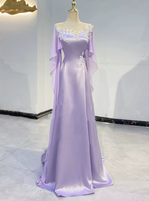 Stunning Prom Dress Lilac A-Line Crew Neck Satin Evening Dress Formal Dress - FashionDia