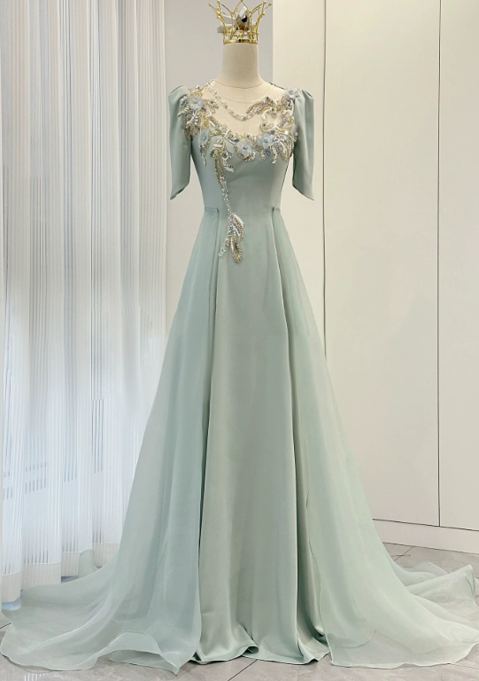 Beauty Prom Dress A-Line Light Green Crew Neck Evening Dress Formal Dress - FashionDia