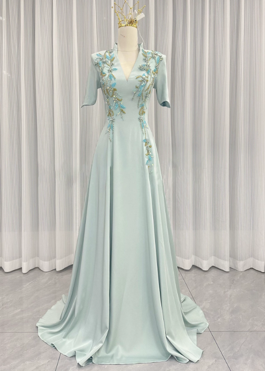 Pretty Prom Dress A-Line Light Green V-Neck Pleated Evening Dress Formal Dress - FashionDia