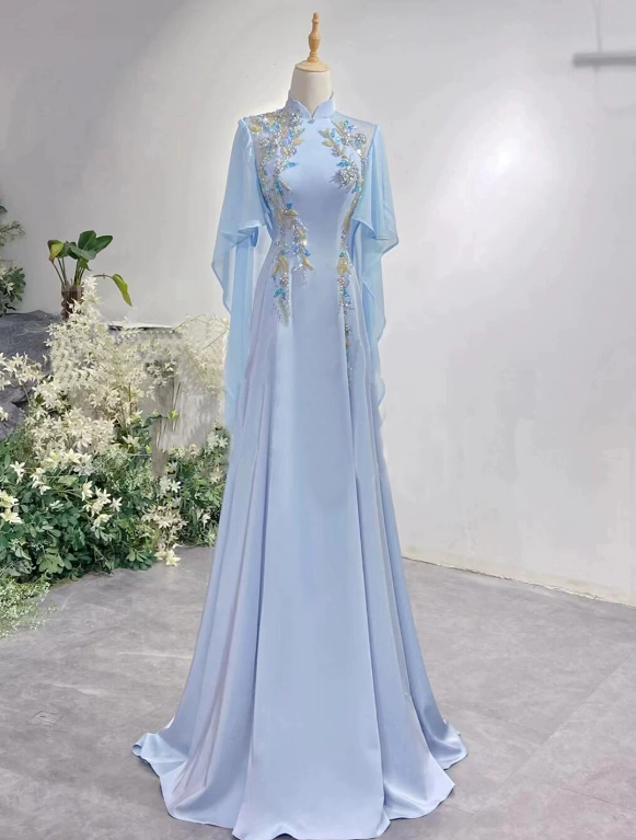 Pretty Prom Dress A-Line Light Blue Hight Collar Evening Dress Formal Dress - FashionDia