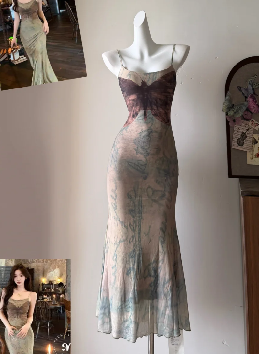 Stunning Prom Dress Spagehtti Straps Print Mermaid Evening Dress Gala Dress - FashionDia