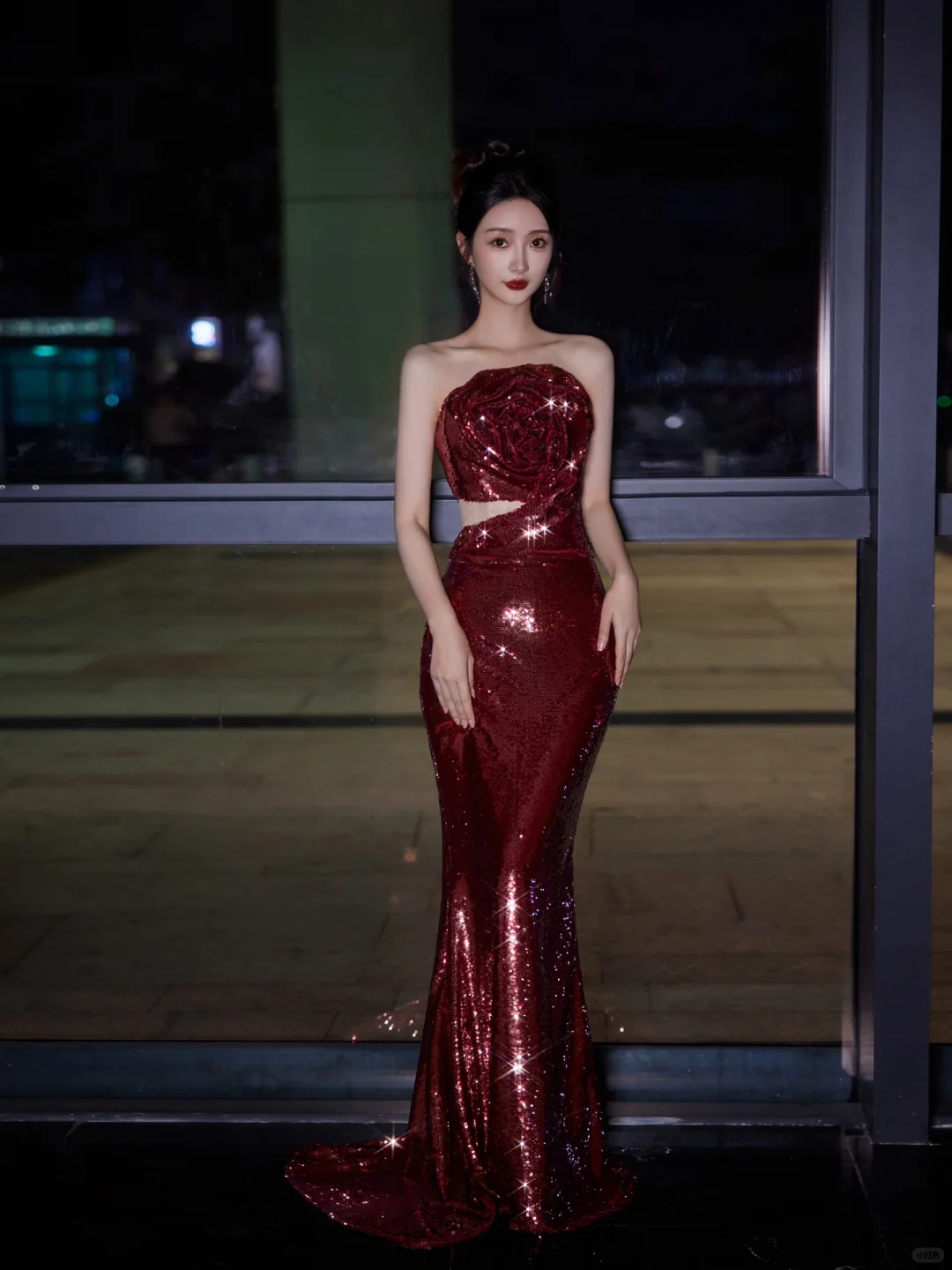 Burgundy Strapless Sequin Rose Flowers Prom Dress Mermaid Long Evening Dress Y8595 - View 4 | VelvetHem