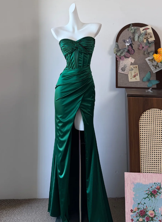 Elegant Prom Dress Dark Green Satin Sweetheart Pleated Slit Evening Dress Gala Dress - FashionDia