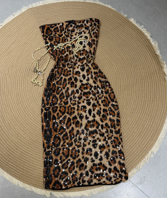 Sexy Prom Dress Strapless Leopard Print Sequins Evening Dress Gala Dress - FashionDia