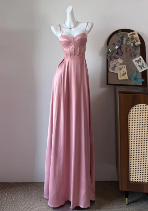 Beauty Prom Dress Pink Spaghetti Straps Satin Long Evening Dress Gala Dress - FashionDia