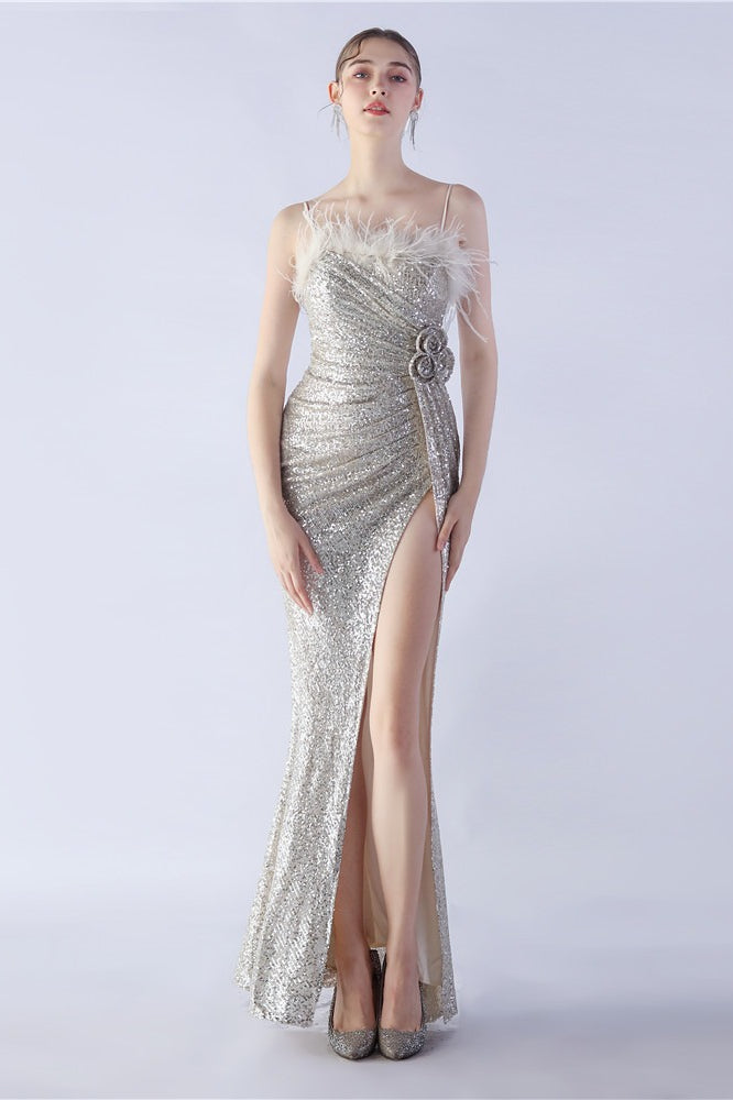 Ostrich Feather Embellished Dress with Relaxed Fit and Everyday Wear