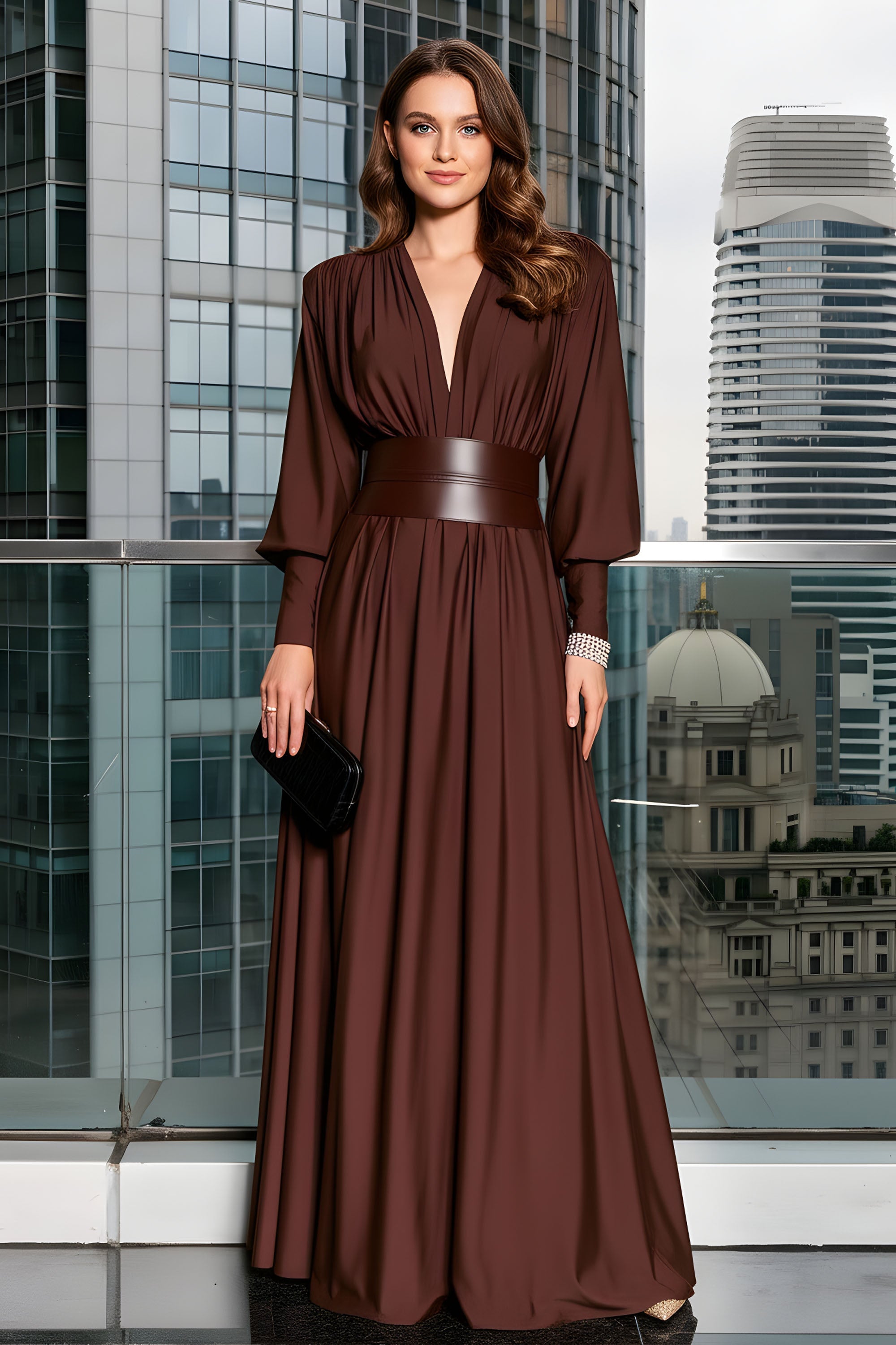 V-Neck Long Sleeve Maxi Dress with Waist Defining Sash