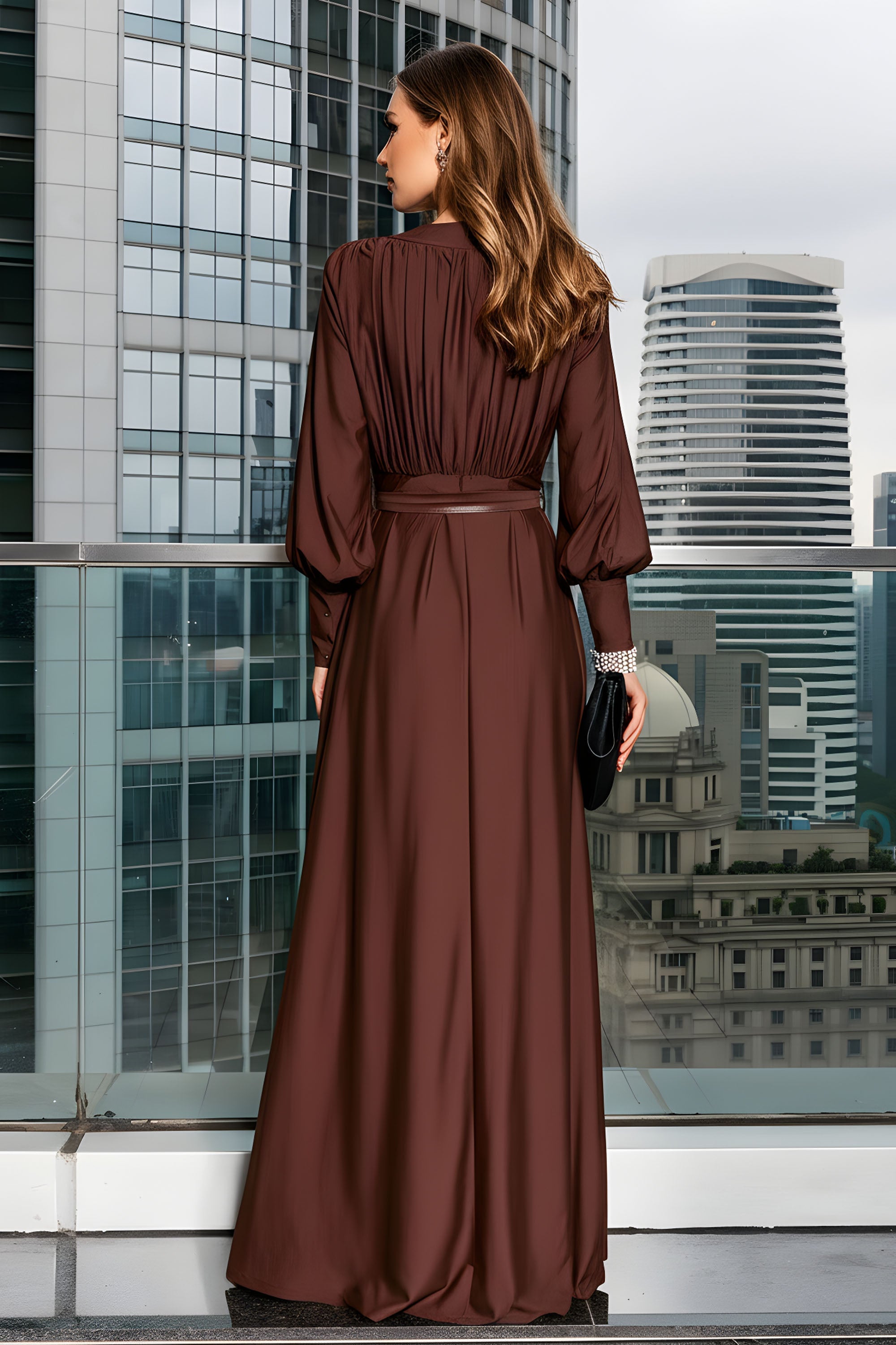V-Neck Long Sleeve Maxi Dress with Waist Defining Sash