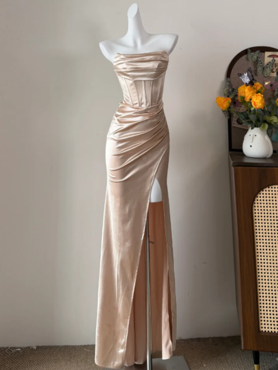 Beauty Prom Dress Stain Champagne Strapless Pleated Slit Gala Dress Long Evening Dress - FashionDia