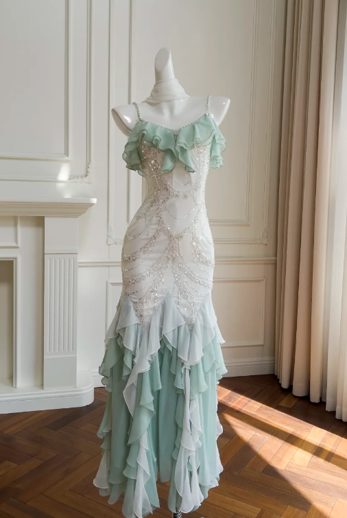 Chic Prom Dress Spaghetti Straps Ruffle Mermaid Gala Dress Long Evening Dress - FashionDia