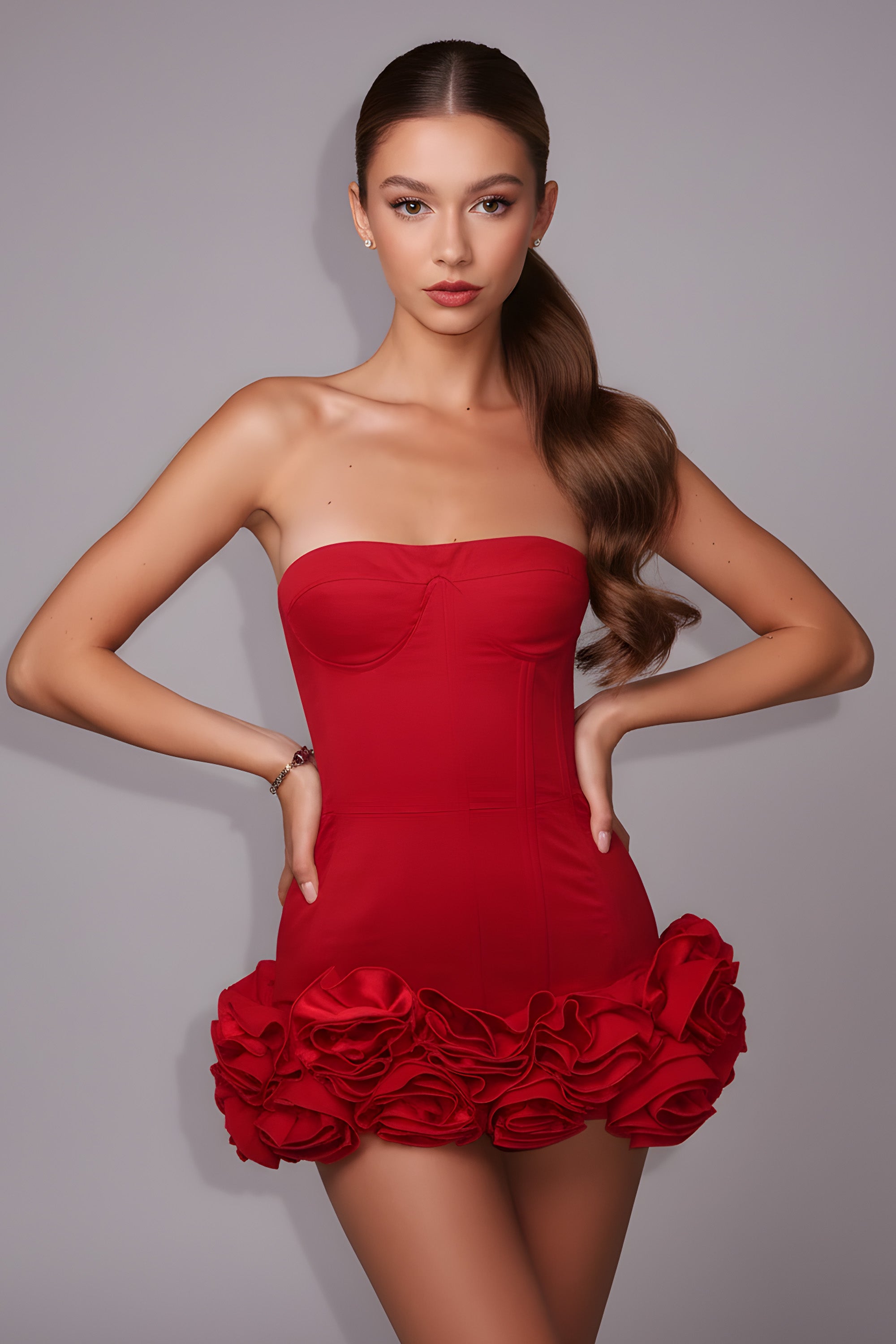 Strapless Corset Mini Dress With 3D Rosette Ruffle Hem