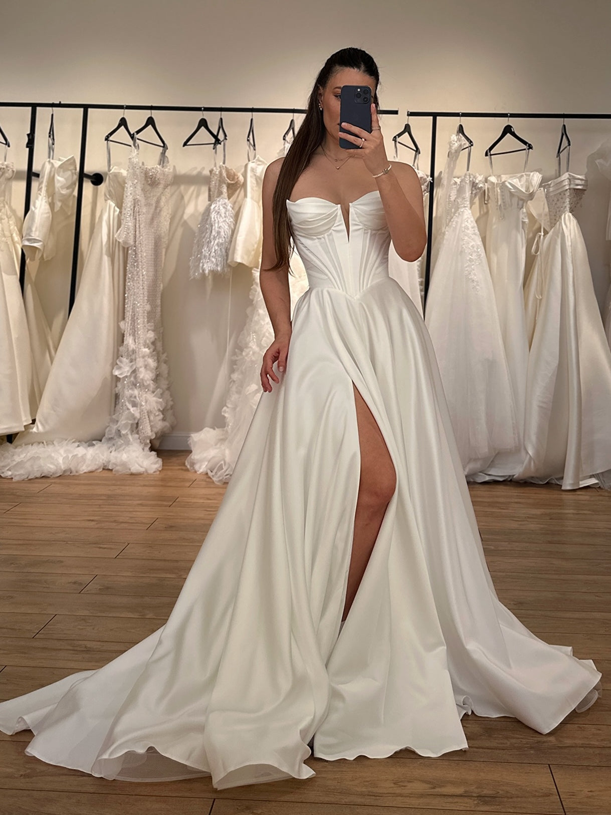 Satin A-Line Sweetheart Sleeveless Minimalist Wedding Dress With Slit