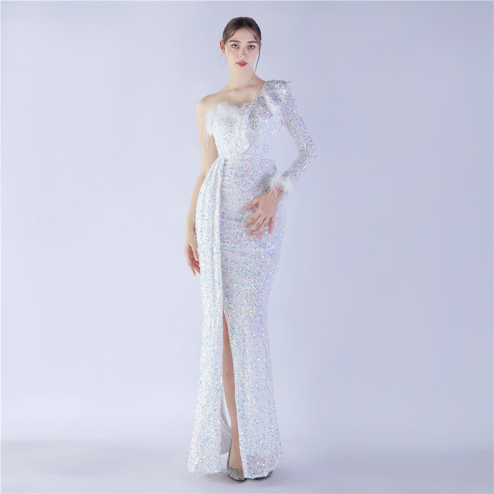 Craft Ostrich Feather Ruffled Side Slit High End Sequined Evening Dress - View 4 | VelvetHem