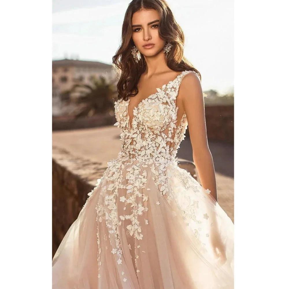 Wedding Dresses Beach Wedding Women Sexy V Large Decal 3D Flower Tulle Sleeveless Bridal Gowns Vestido De Novia Robe Mariée (ZD14132)