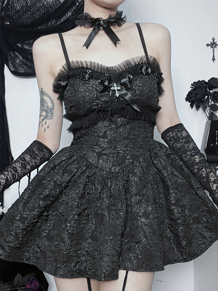 Corset ALine Mini Black Rose Print Lace Patchwork Shirring Backless Slip Nightclub Dress