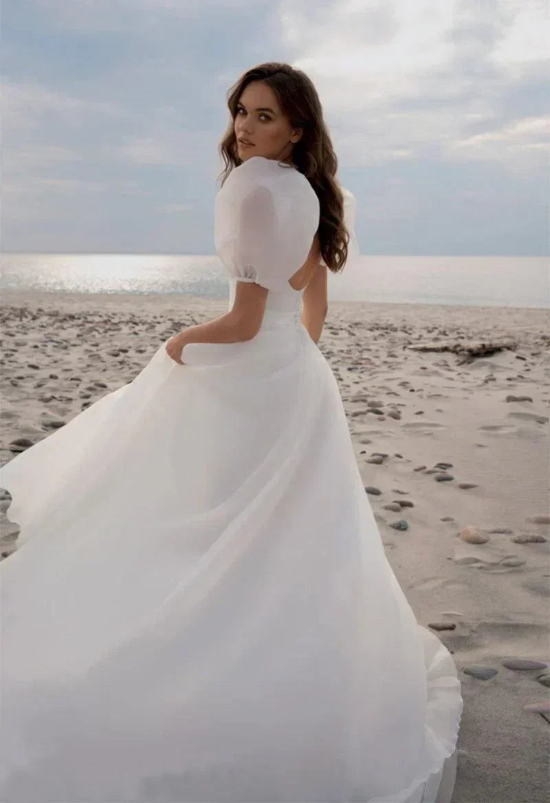 Wedding Dresses Charming A-Line Square Neck Short Sleeves with Train - View 3 | VelvetHem