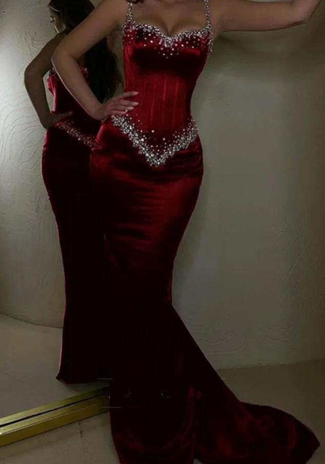 Stylish Red Mermiad Beaded Prom Dress Elegant Party Evening Gown