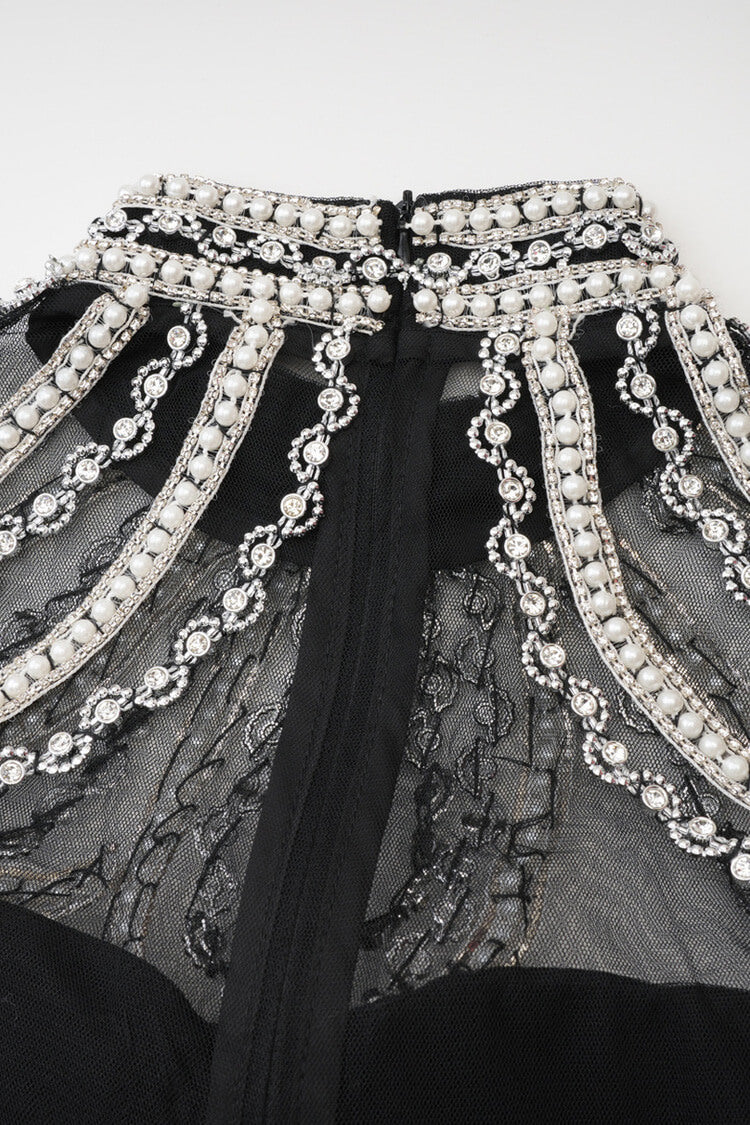 Luxury Crystal Pearl Beaded Drop Waist Tiered Tulle Maxi Evening Dress - View 7 | VelvetHem