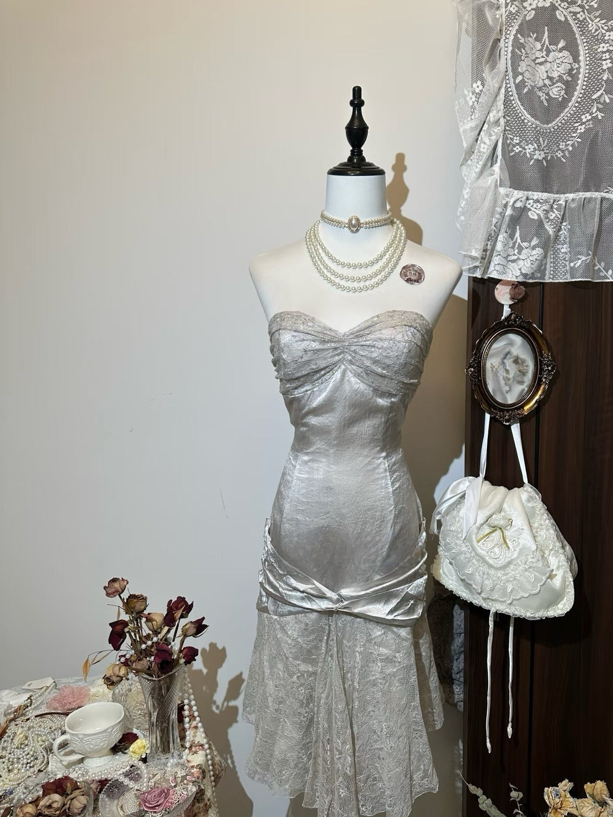 Sweetheart Silver Mermaid Lace Dress Satin Birthday Dress