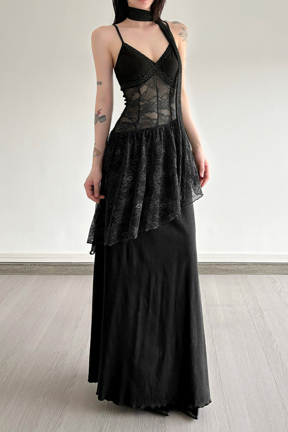 Lace Trim Sheer Waist Tie Cami Maxi Lace Dress - View 6 | VelvetHem