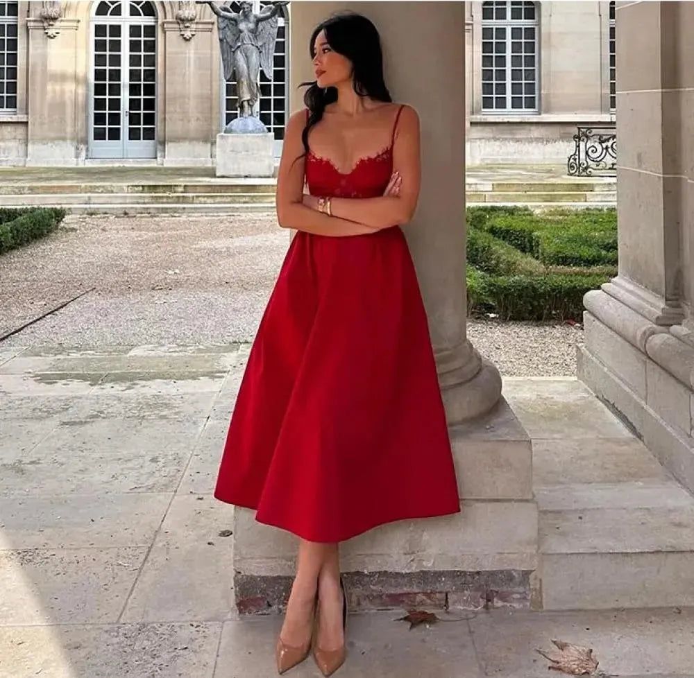 Fashion Red A-Line Prom Dress Sweetheart Spaghetti Strap Pleat Ruched Tea Length Lace Evening Dress robes de soirée