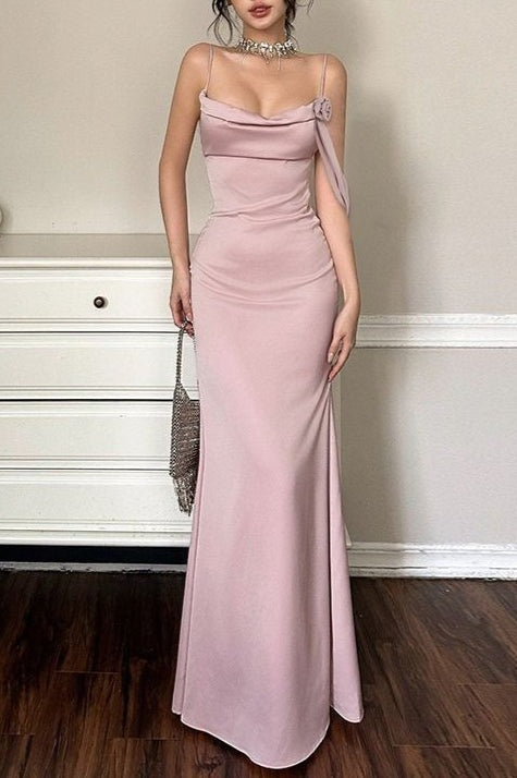 Asymmetrical Neck Satin Cowl Mermaid Gown Silk Dress - VelvetHem