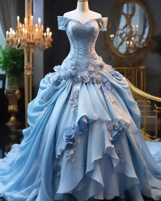 Luxury Off The Shoulder 3D Flowers Sweet 16 Ball Gown Princess Pleated Quinceanera Dress
