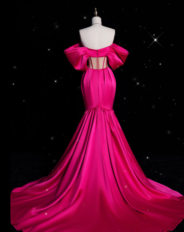 Sexy Mermaid Off The Shoulder Neckline Satin Pink Long Prom Dresses Party Dress