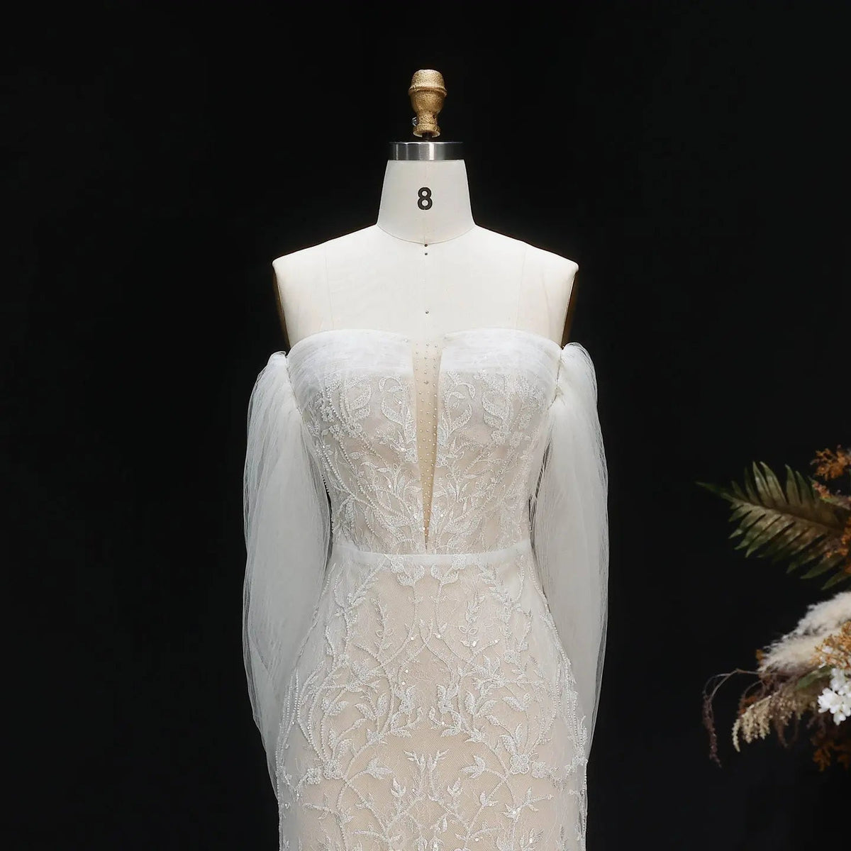 White Nude Lace Mermaid Wedding Dress Luxury Beaded Sequins   Tulle Gloves ZP032