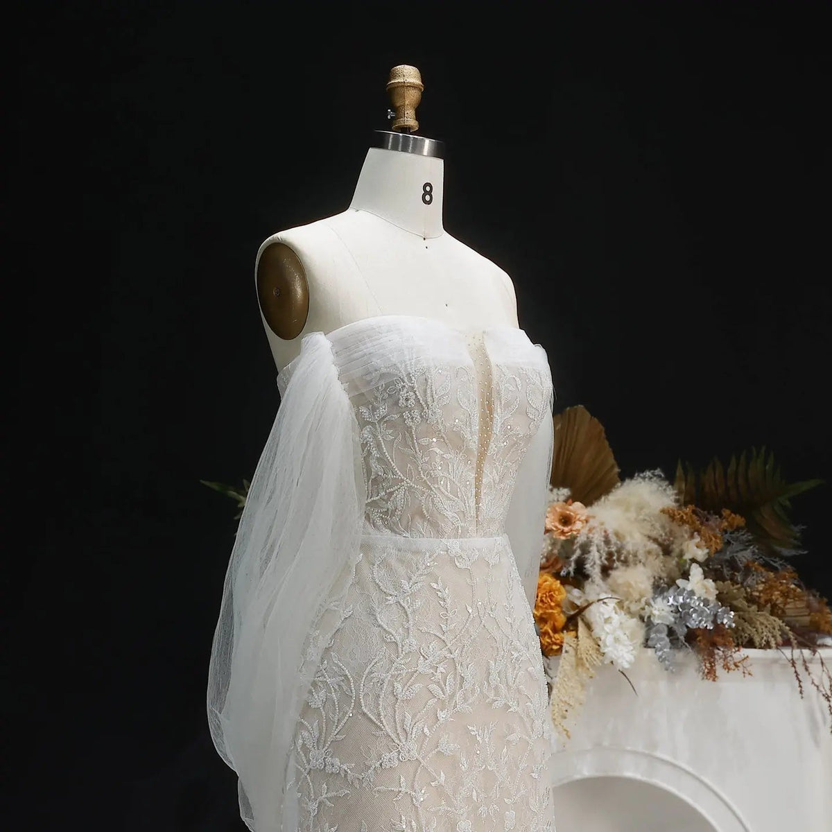 White Nude Lace Mermaid Wedding Dress Luxury Beaded Sequins   Tulle Gloves ZP032