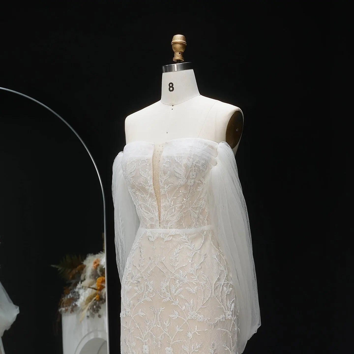 White Nude Lace Mermaid Wedding Dress Luxury Beaded Sequins   Tulle Gloves ZP032