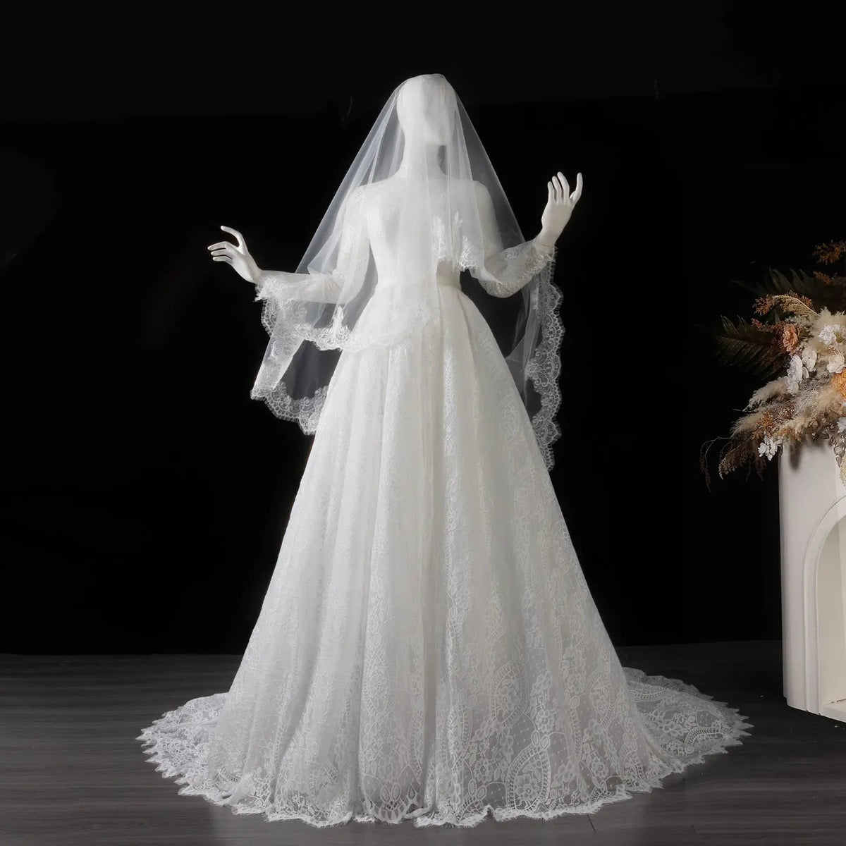 Luxury High Neck Lace Wedding Dress with Overskirt ZP174 - View 9 | VelvetHem