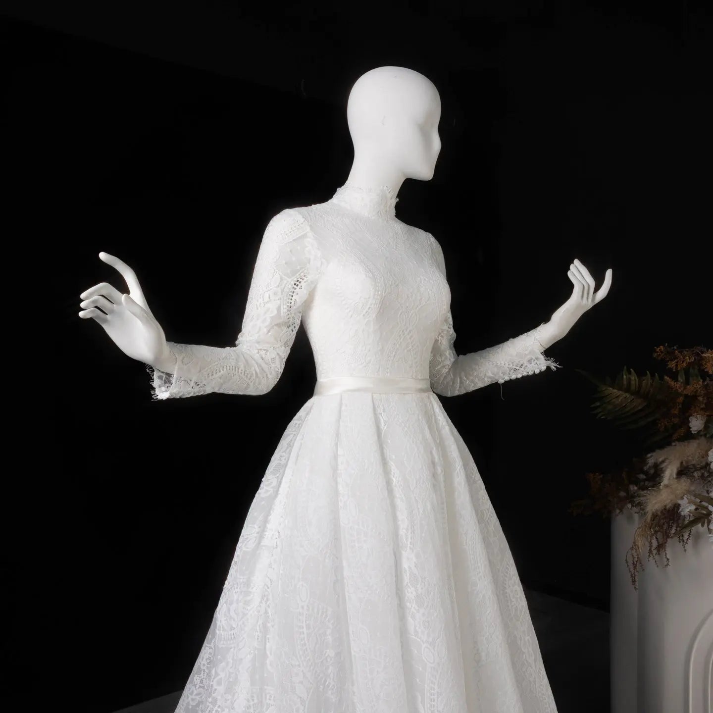 Luxury High Neck Lace Wedding Dress with Overskirt ZP174