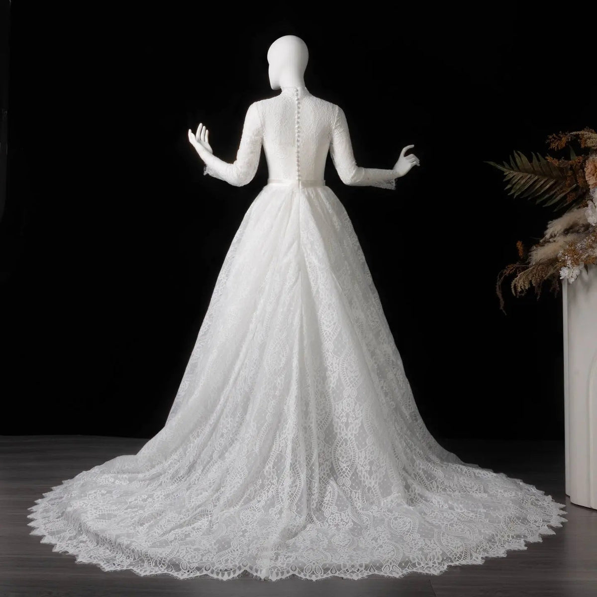 Luxury High Neck Lace Wedding Dress with Overskirt ZP174