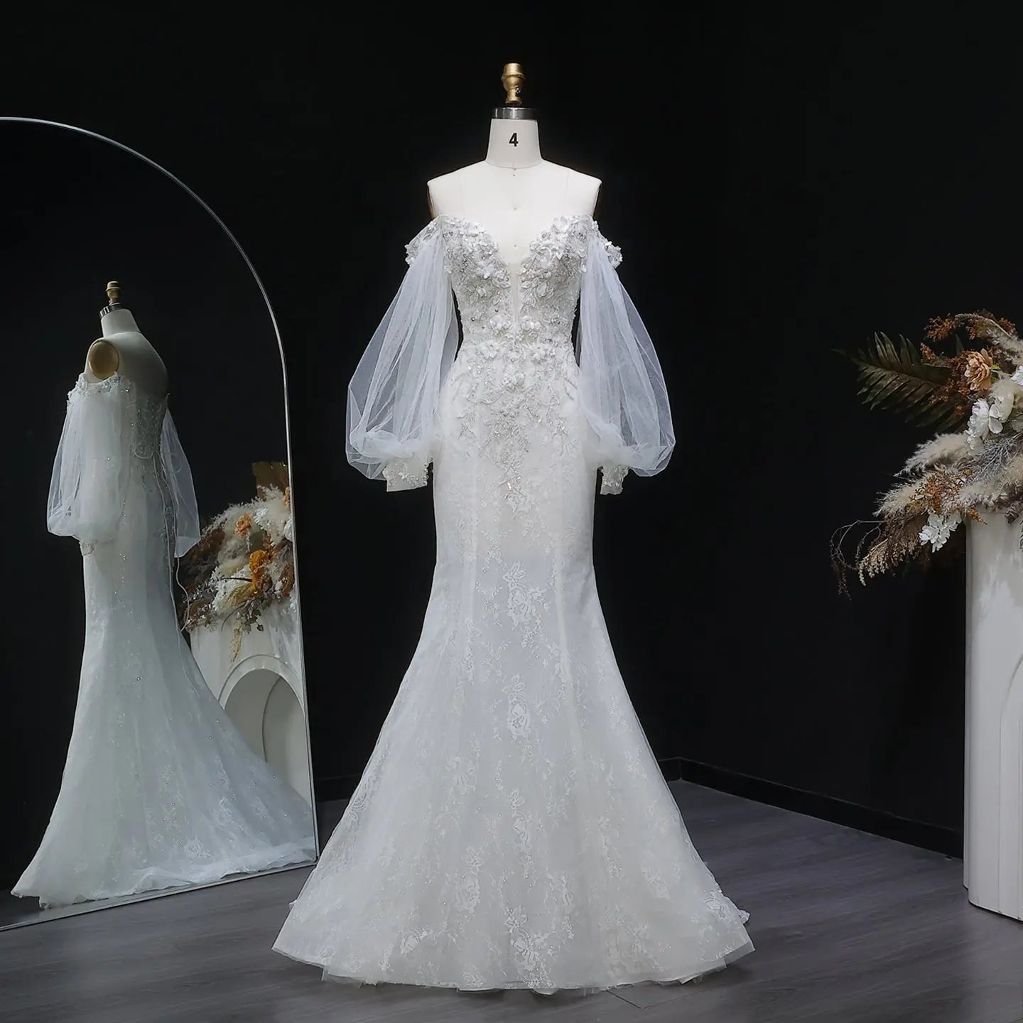 White  Off‑The‑Shoulder Puff Sleeve 3D Floral Mermaid Wedding Dress ZP005